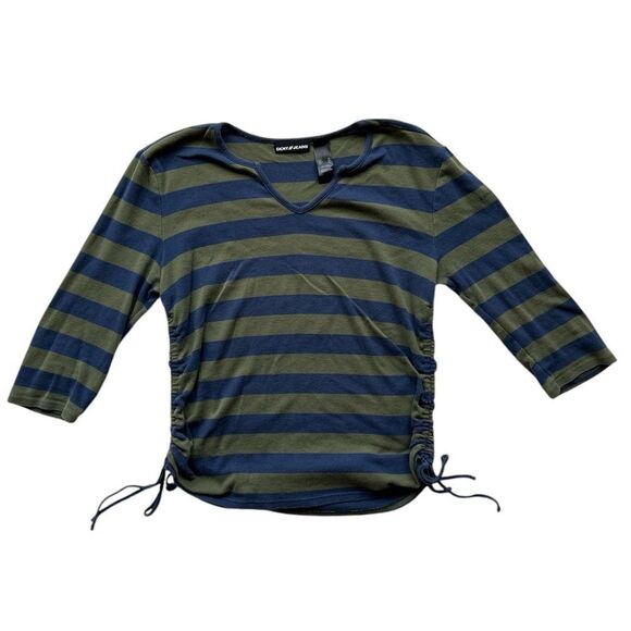 Green and Blue Long Sleeve Striped Tee with Adjustable Hem - Picture 1 of 3
